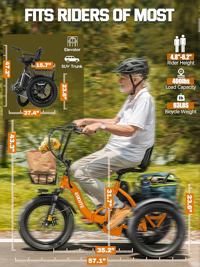 ESKUTE E Trike Electric Bike, Peak 1200W Brushless Motor Folding Trike 18X3.0 Fat Tire Ebike, 624Wh Removable Battery, Step-Thru 3 Wheel Electric Bicycle, Up to 55 Miles, 18MPH+ Tricycle for Adults