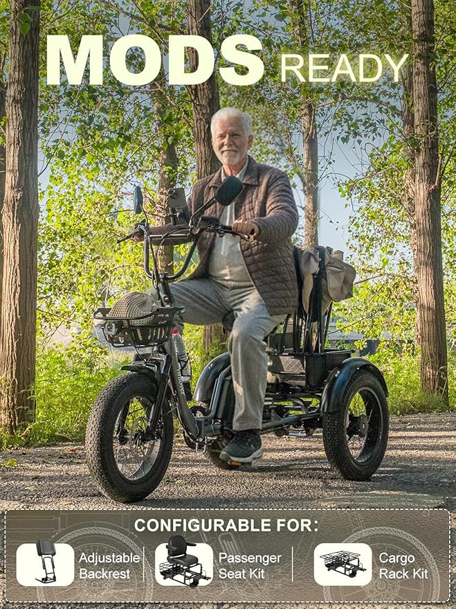 Folding Electric Tricycle for Adults 2 Seater, 22MPH 100 Miles 4" Wide Fat Tire Electric Trike, 3 Wheel Electric Bike 1200W, 48V 20AH Battery, 550LBS Load, Reverse, Parking, Differential, UL Certified