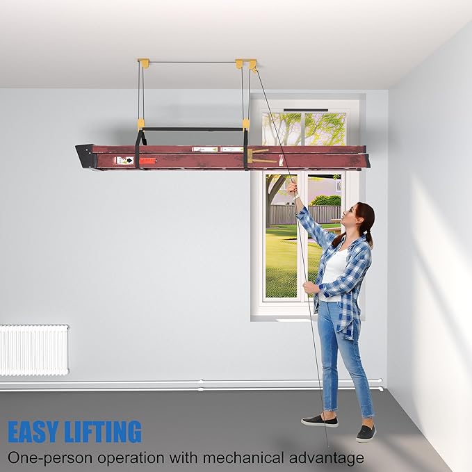 Ladder Storage Pulley Hoist, Self Locking Function Ladder Hanger, Garage Ceiling Mount Lift System for Lightweight Kayak, Ladder, Bike, Surfboard, Hold 80 lbs