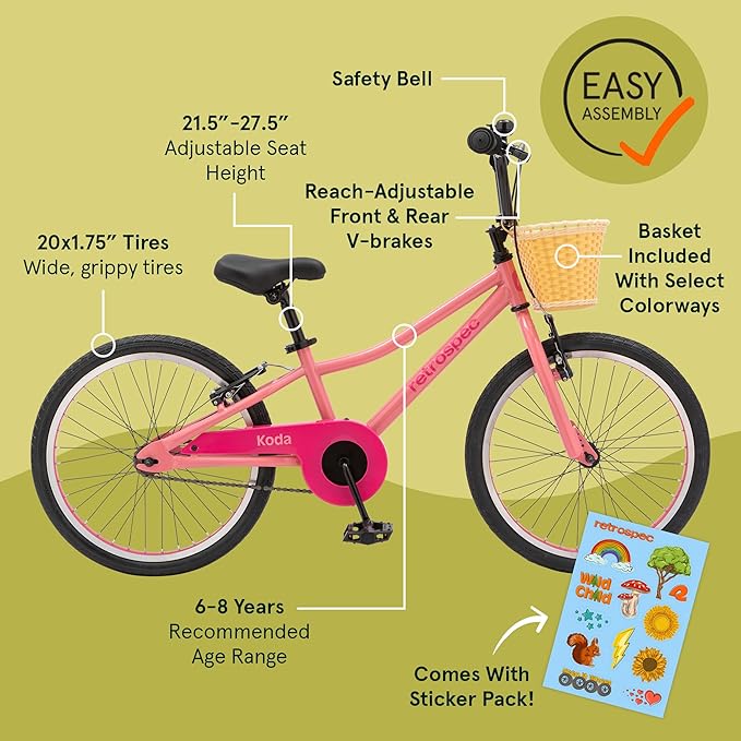 Retrospec Koda Plus Kids Bike for Boys & Girls Ages 6-8 Years - 20" Children's Bicycle, Adjustable Seat & Handlebars