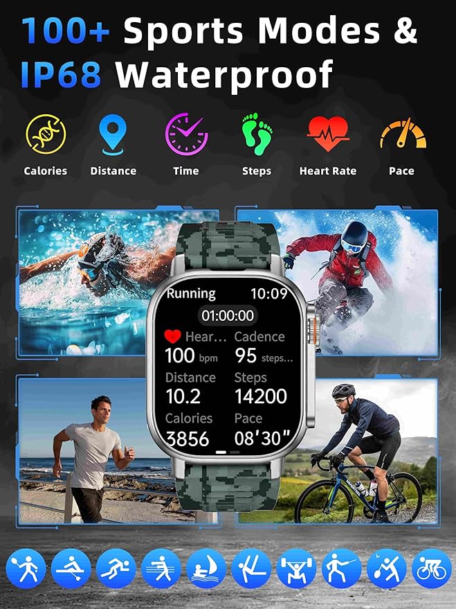KPEP Military Watches for Men (2 Straps), 2.01" Fitness Tracker Watch with LED Flashlight, 100 Days Battery, Compass, SpO2 Heart Rate Monitor, Sleep Tracking, Reminders, Military Watch for iOS Android