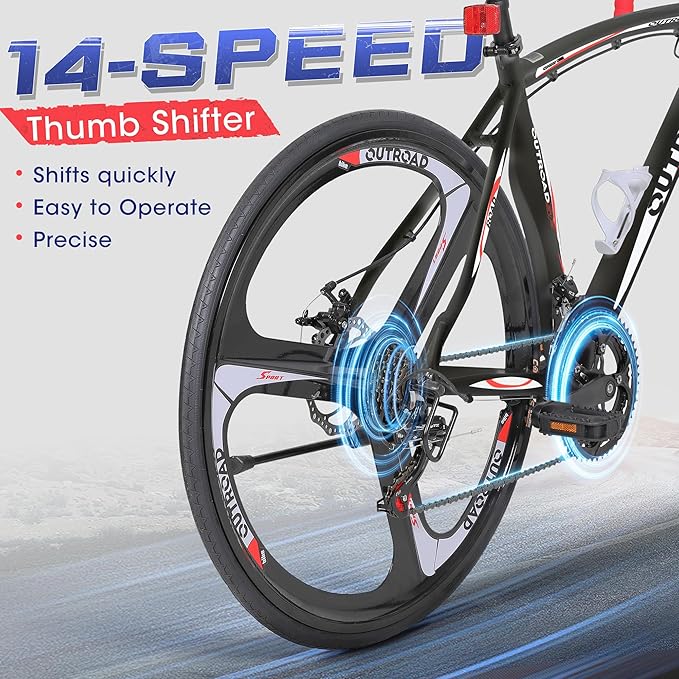 Outroad Hybrid Bikes, 26 inch 14/21 Speed 700C Wheel Road Bike with Light Aluminum Alloy Frame Commuter Bicycle with Dual Disc/V Brakes for Adult Women and Men Blue,Red,Black,White