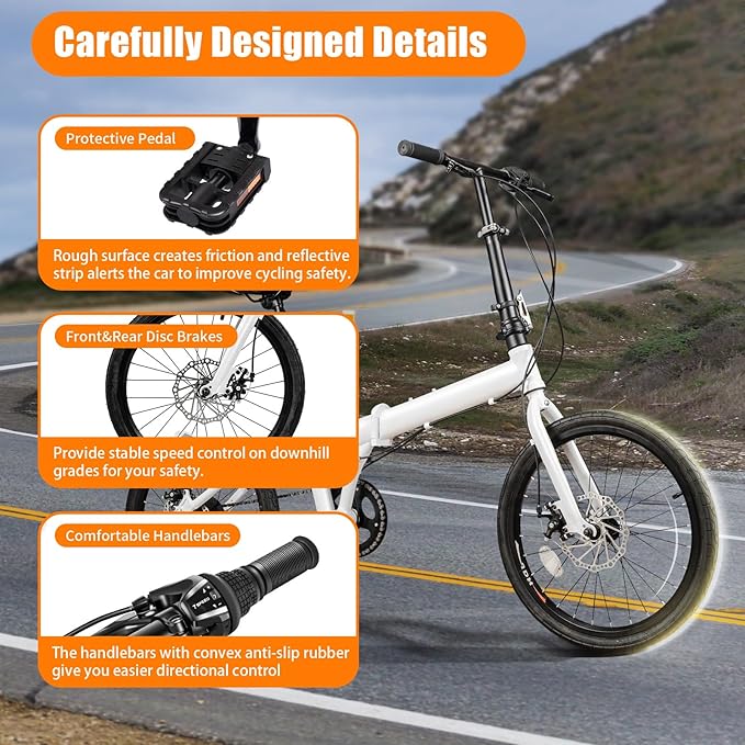 20-Inch Folding Bike, Foldable Bike for Adults Adjustable Seat Height & Elevable Handlebars Store in The Trunk 7-Gear Transmission Front and Rear Disc Brakes for Traveling