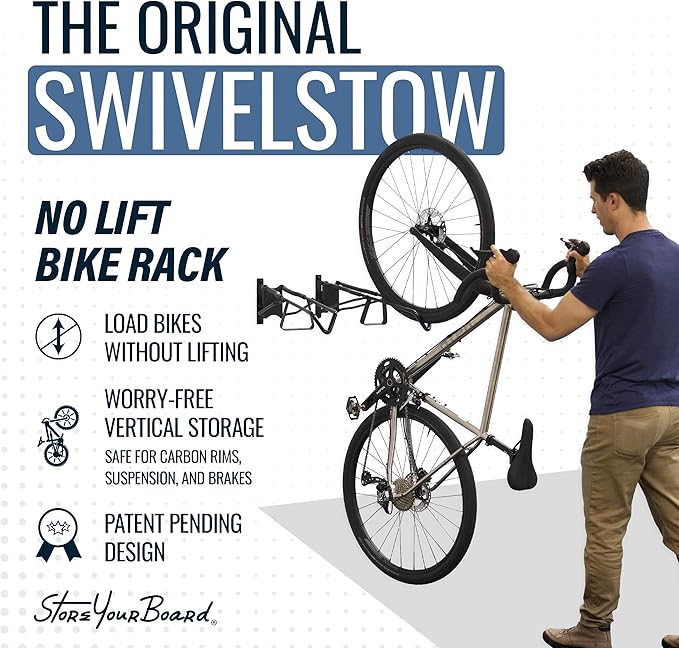 StoreYourBoard SwivelStow Bike Rack Garage Storage Rack 1 Pack - 1 Road & Gravel Bike Wall Mounts - Heavy Duty Bike Hanger - No-Lift Bike Rack Garage Storage Rack - Holds 70 lb Capacity