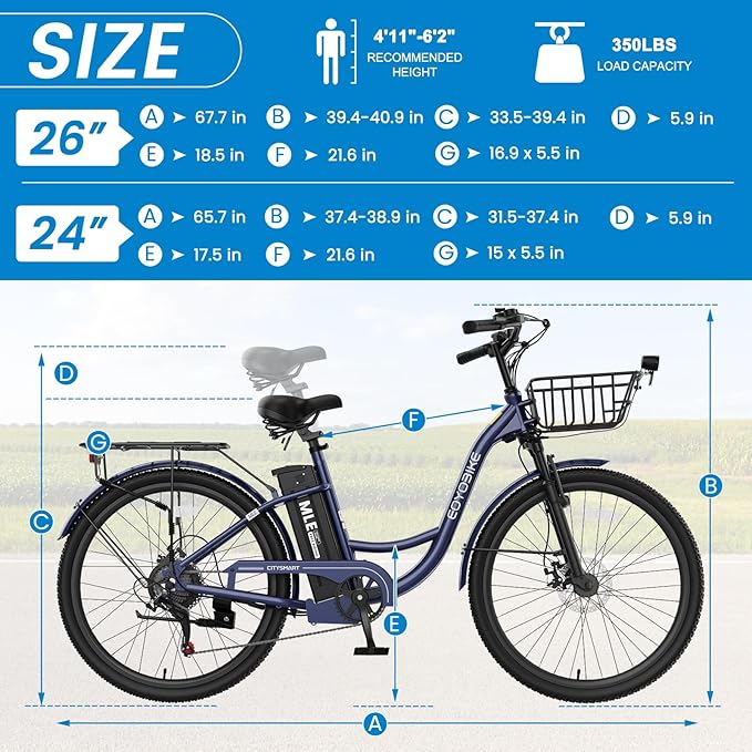 350W Electric Bike for Adults, 20MPH 7-Speed Commuter Ebike with 36V 10.4Ah Battery, Aluminum Frame, Front Suspension, Dual Disc Brakes, E Bicycle with Basket & Rear Rack, 330 lbs Load