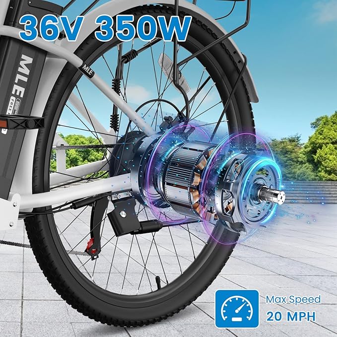 350W Electric Bike for Adults, 20MPH 7-Speed Commuter Ebike with 36V 10.4Ah Battery, Aluminum Frame, Front Suspension, Dual Disc Brakes, E Bicycle with Basket & Rear Rack, 330 lbs Load