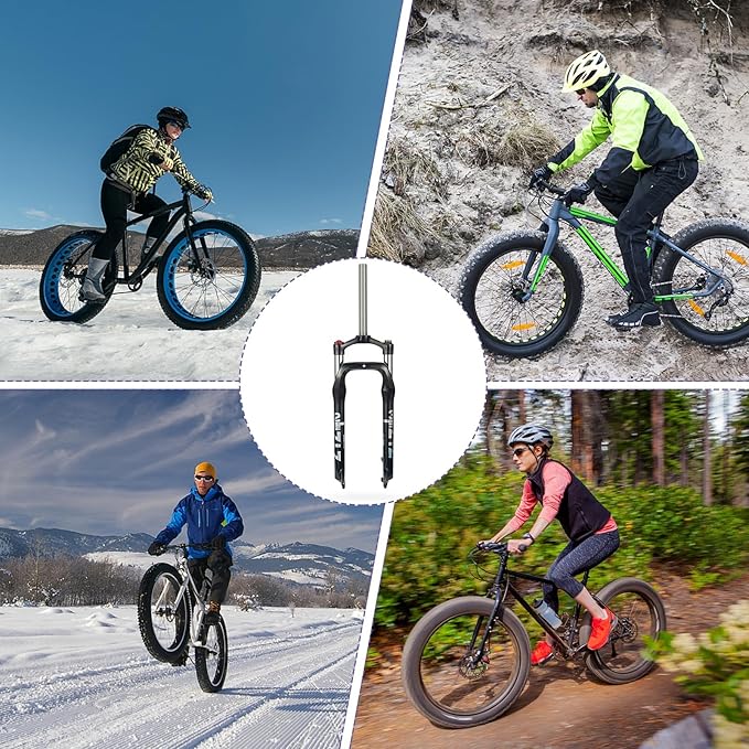 ZTZ 26 x 4.0 inch Fat Tyre MTB Suspension Fork - 100 mm Travel, 135 mm Spacing Hub, 9 mm QR, Manual Lockout Oil Spring Mountain Bike Front Fork, Ideal for Snow Beach XC Mountain Bikes