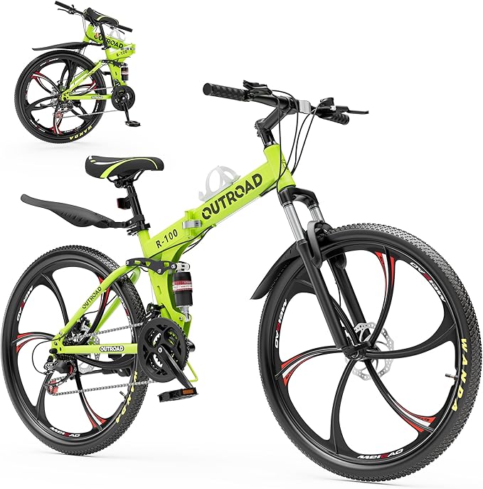 26 Inch Adult Folding Mountain Bike, 21 Speed Foldable Bicycle with Full Suspension, High Carbon Steel Frame, Folding Bikes for Men/Women/Teen, Dual Disc Brake