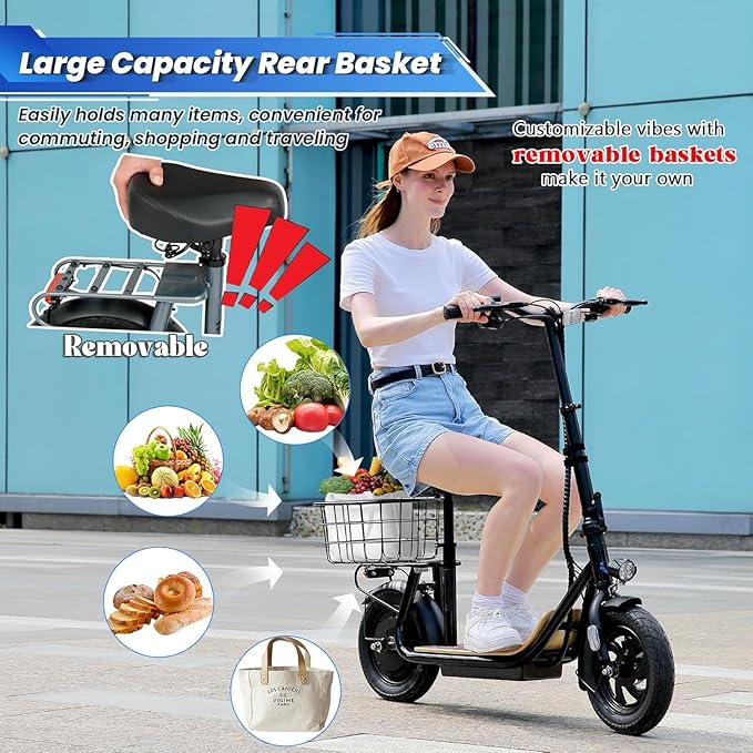 Caroma Peak 1200W/800W Electric Scooter with Seat, 30 Miles Max Range, Electric Scooter Adults, Up to 20MPH Foldable Escooter with Basket,Key Start Adjustable E-Scooter