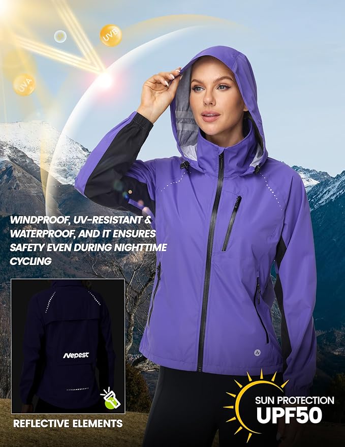 Nepest Womens Cycling Rain Jackets Lightweight Waterproof Biking Running Windbreaker UPF 50+ Reflective Packable Hooded