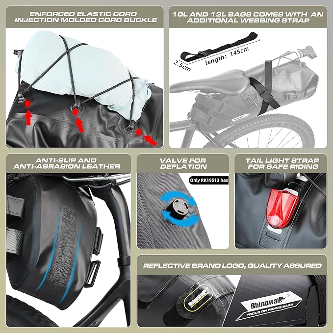 Rhinowalk Bike Saddle Bag 1.5/2.5/5/10/13L Waterproof Bicycle Bag Cycling Seat Bag Mountain Road Portable Storage Bag