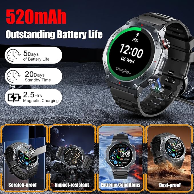 Military Smart Watch for Men Built-in GPS with LED Flashlight Compass, 1.43" AMOLED Display 5ATM Waterproof Fitness Tracker with Heart Rate/Sleep/Blood Oxygen, Watches for Android/iPhone, Black