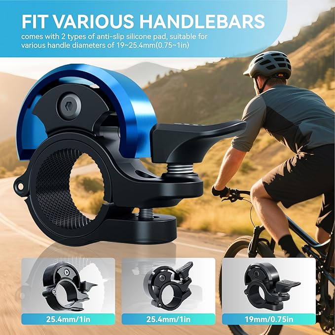 Greallthy Bike Bell, Aluminum Alloy Bicycle Bell with Clear Loud Sound, Bike Bells for Adults and Kids, Sturdy and Compact Bell Fits 0.75-1in(19-25.4mm) Handlebar for Mountain, Road Bikes.