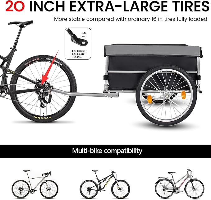 Aluminum Bicycle Trailer, Foldable Bike Cargo Trailer with Universal Hitch, 20'' Wheels, Removable Cover, Folding Frame Quick Release, Ebike Trailers for Camping, Groceries, 120 LBS Capacity, Black