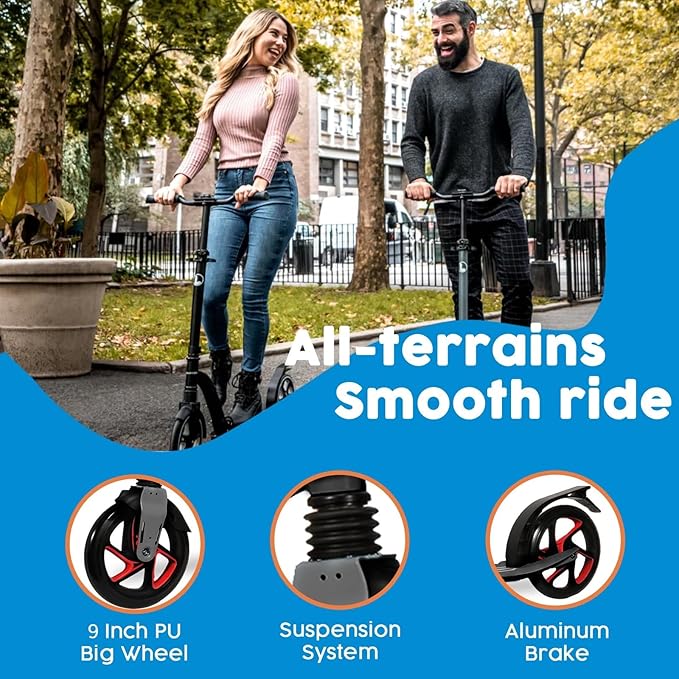LaScoota Kick Scooter for Kids Ages 6+, Teens & Adults, Large 8" Sturdy Urethane Wheels. Adjustable Handlebar, Lightweight, Foldable, 220lbs Max Load