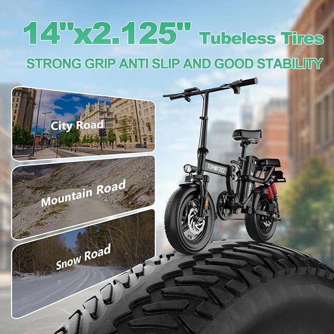 Tomofree Folding Electric Bike for Adults 20-24MPH Peak 750W EBike, 48V 20AH Removable Battery for Electric Bicycles, 40Miles Max Range, 10 Shock Absorbers, 14'' Fat Tire Foldable E-Bike, PAS E Bike