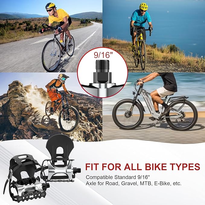 Bike Pedals with Toe Cages and Adjustable Straps - 9/16 Inch Aluminum Alloy MTB Pedals with Sealed Bearing - Wide Platform Bicycle Flat Pedals for Road Mountain Indoor Cycling