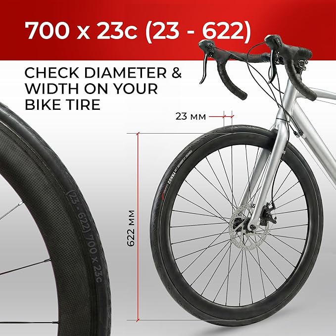 Fincci Set 700x23c Tires Road Bike with 2X Bicycle Inner Tubes 700c - Racing 23-622 1mm Puncture Proof Bike Tires & 60mm Presta Tube - 700c Bike Tire for Folding, Touring, Gravel, E Bikes, Bicycle