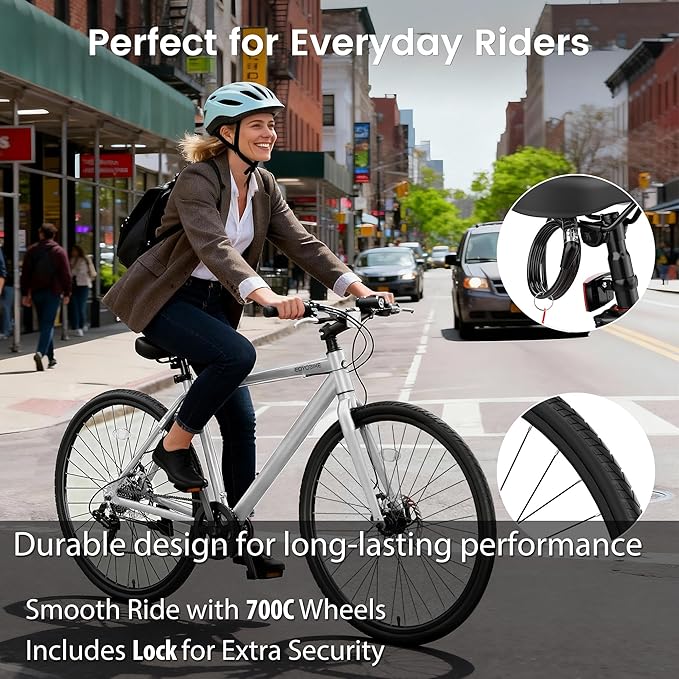MOONCOOL Hybrid Bike for Men, 700C Aluminum 29LBS Ultra-Light 8-Speed Commuter Bike, 350lb Capacity, 29" Adult Urban Bicycle, Dual Disc Brakes, for Tall Men&Women, 85% Pre-Assembled