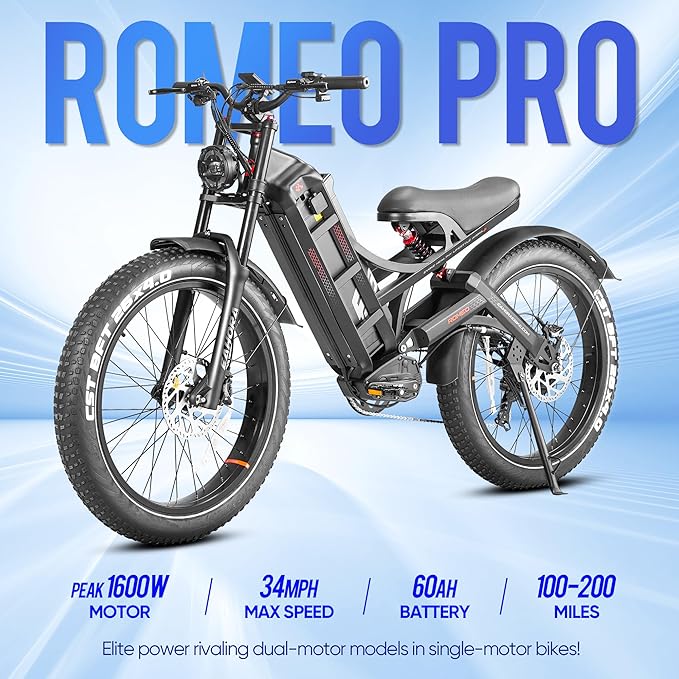 eAhora Romeo Pro/Ⅱ Electric Bike - 2025 34-40MPH 2500W Adults 52V/60Ah 200Mile Long Range Electric Bike, 20"*4.5 Fat Tire Fast Mountain E-Bike Off-Road Full Suspension Electric Bicycle for Men Women