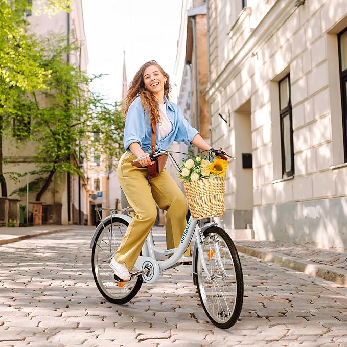 Betterland Beach Cruiser Bike for Women, 24/26 inch Hybrid Bike with Adjustable Seat, Womens Bike with Front Basket and Dual V-Brake, Step Through Comfort Bicycle for City Commuter