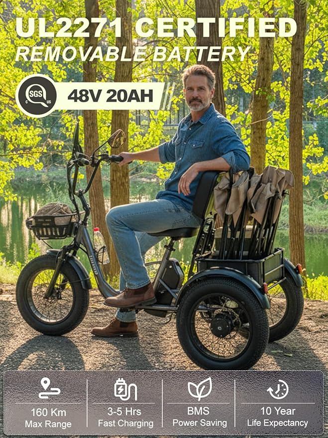 Folding Electric Tricycle for Adults 2 Seater, 22MPH 100 Miles 4" Wide Fat Tire Electric Trike, 3 Wheel Electric Bike 1200W, 48V 20AH Battery, 550LBS Load, Reverse, Parking, Differential, UL Certified