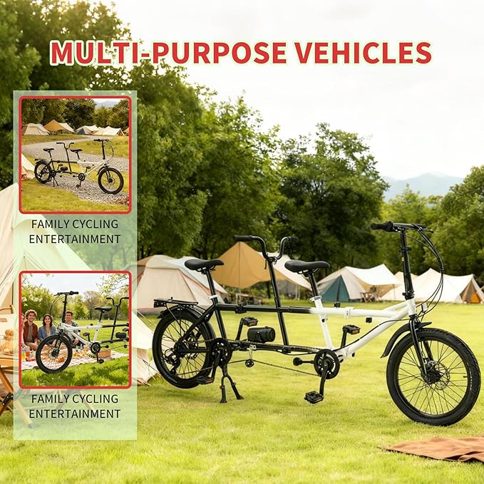 Folding Tandem Bike,20 Inch 7-Speed Two Person Bicycle, High Carbon Steel City Beach Cruiser with Dual Disc Brakes, Adjustable Seat Height, Portable 2-Seater Bike for Travel