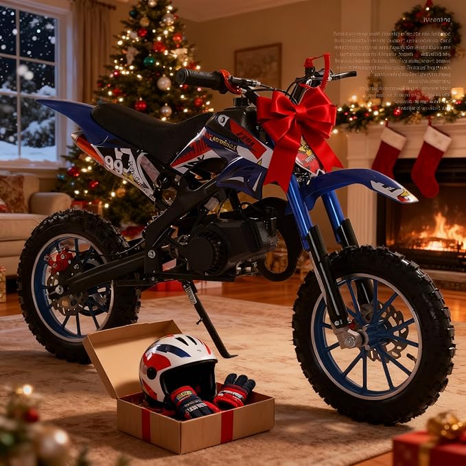 49cc Kids Dirt Bike,2-Stroke Children Moto Gas Powered Motorcycle Off Road Mini Bike Beach Vehicle with Front Rear Disc Brakes Pull Start for Boys & Girls Ages 8-14 Gifts Blue