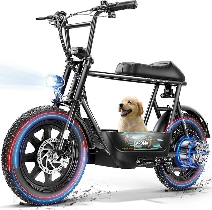 Caroma Peak 1200W/1000W/800W/500W Electric Scooter with Seat,16"/20" Fat Tire Ebike All-Terrain,Max 30Miles&20MPH Electric Scooter Adults,Electric Motorcycle Adults with Storage Basket for Cargo&Pets