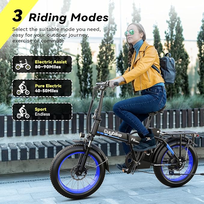 Foldable Electric Bike for Adults, 30+MPH, 48V 20Ah Removable Lithium Battery up to 80Miles, 20" Fat Tire 1000W Peak Motor Dirt Ebike Adult Electric Bicycle for Beach Mountain E Bike Blue Black