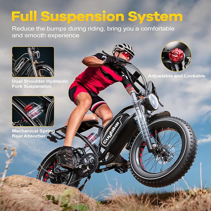 EUYBIKE Electric Bike for Adults, 2000W/3000W Peak Single/Double Motor with 48V/52V 25AH/30AH Battery, 20"x4.0" Fat Tires 35MPH/37MPH Ebike, Dual Hydraulic Disc Brake Full Suspension Electric Bicycle