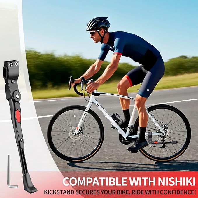Adjustable Bike Kickstand Compatible with Nishiki, Bicycle Side Kickstand, Aluminum Alloy Bike Kick Stand, Easy to Install, for 22 24 26 Inch Mountain Bikes, MTB and Road Bikes Accessories, Black