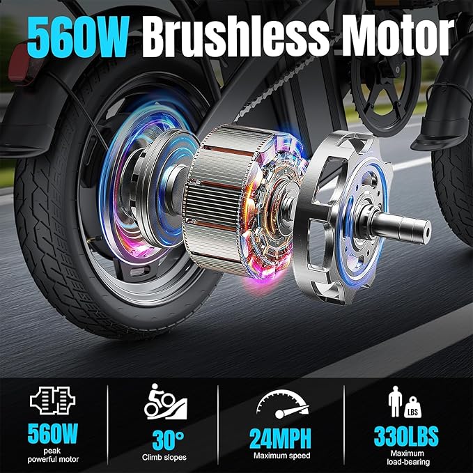 Electric Bike for Adults and Teens, 560W Motor 24MPH Compact Commuter Electric Bicycles, 32 Miles Range, 48V 10Ah Battery, 3 Shock Absorbers, 14" Foldable Ebike with Basket, UL 2849 Certified
