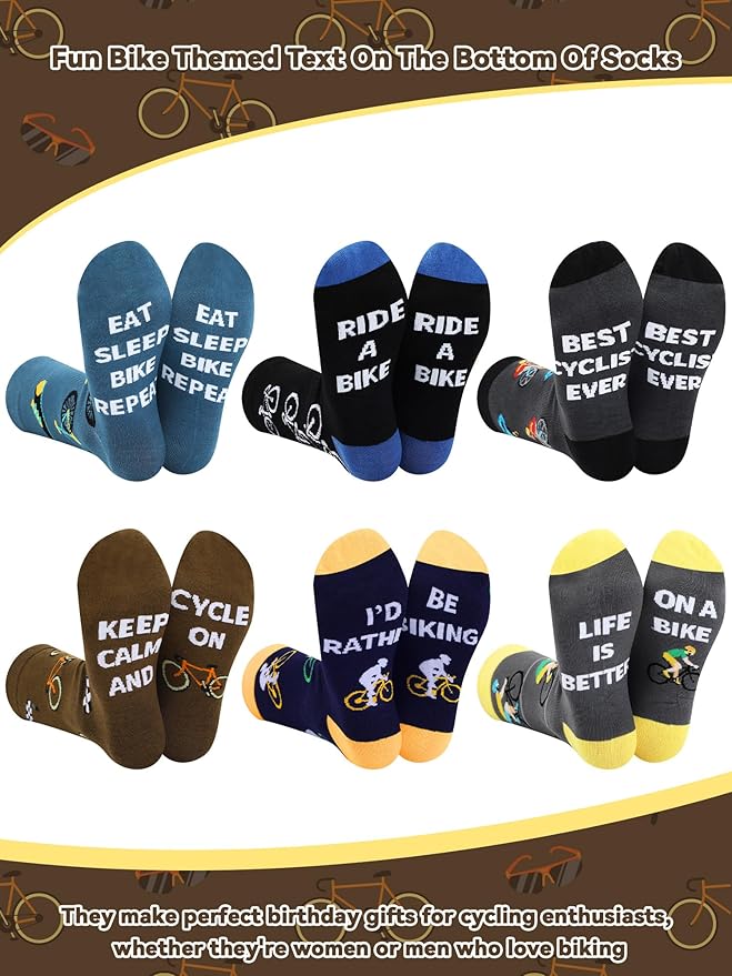 Eurzom 6 Pairs Funny Bike Socks for Men Novelty Cycling Cotton Casual Socks Birthday Holiday Gift for Outdoor Biking Lover