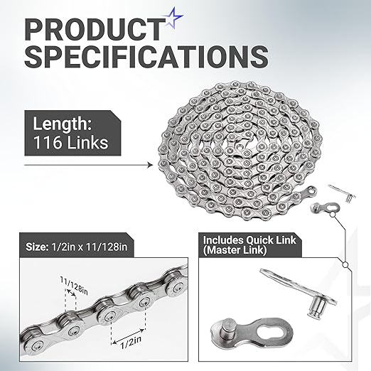 BlueStars 11 Speed Bike Chain 1/2 x 11/128 Inch (116 Links) with Quick Link - Anti-Rust Bicycle Chain - for MTB/Road/Gravel/Cyclocross Bikes - Compatible with Shimano SRAM Campagnolo