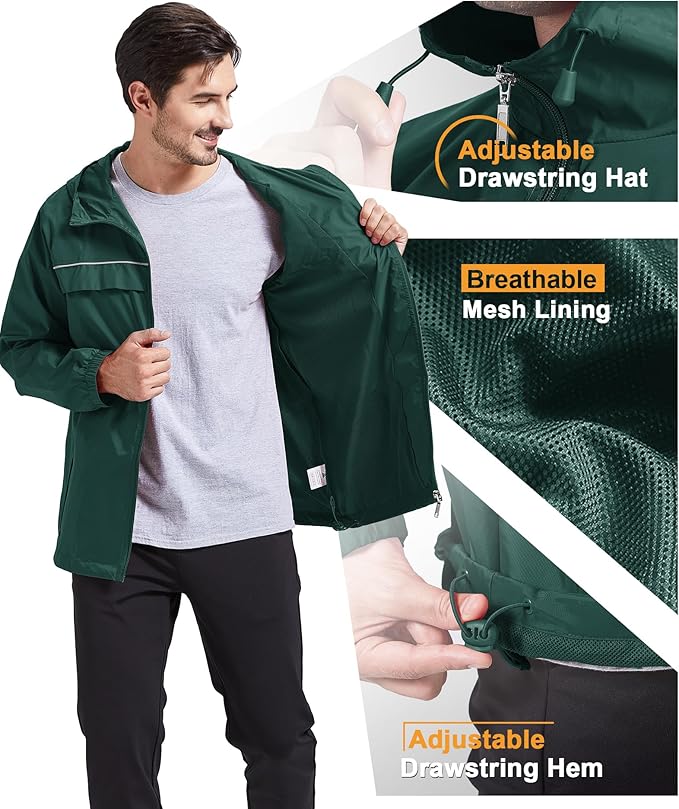 GEEK LIGHTING Rain Jacket Men Lightweight Waterproof Jackets Packable Windbreaker Hooded Raincoat for Golf Cycling Outdoor