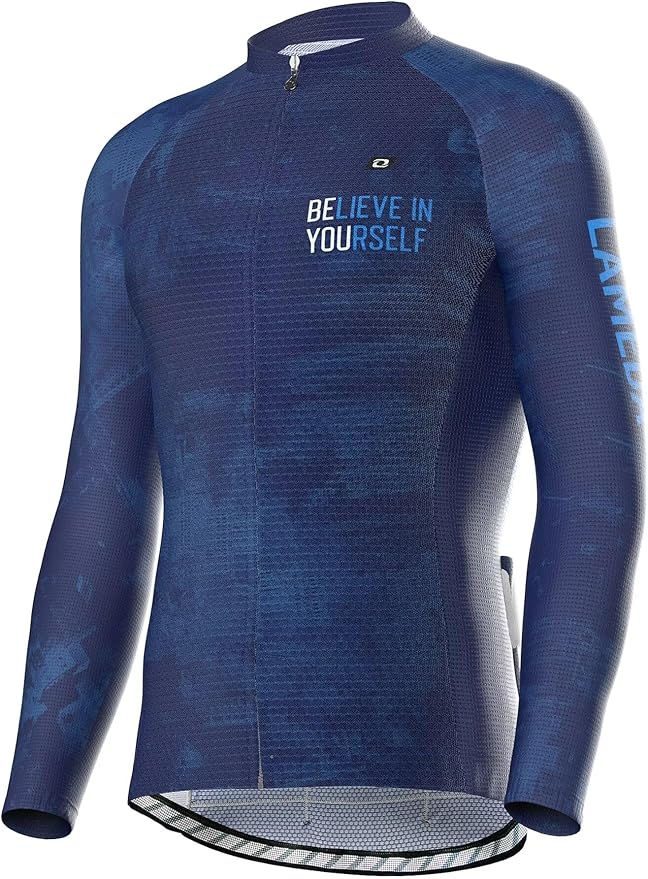 LAMEDA Men's Cycling Jersey Long Sleeve, Breathable Moisture Wicking Bike Shirt, Lightweight Biking Shirt with 3 Rear Pockets