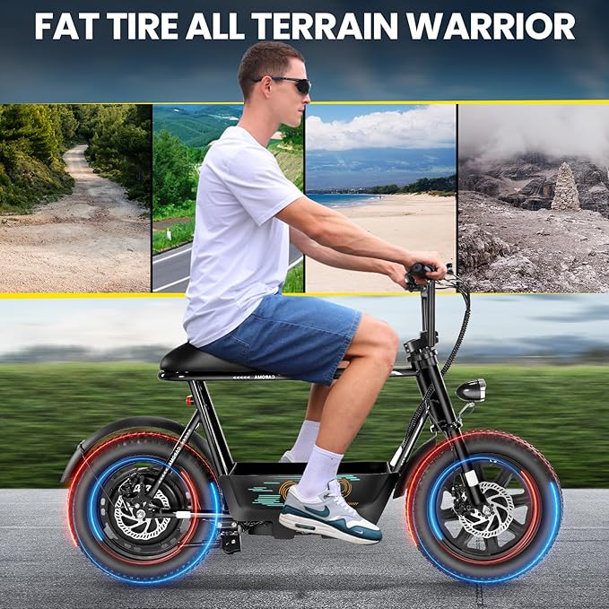 Caroma Peak 1200W/1000W/800W/500W Electric Scooter with Seat,16"/20" Fat Tire Ebike All-Terrain,Max 30Miles&20MPH Electric Scooter Adults,Electric Motorcycle Adults with Storage Basket for Cargo&Pets
