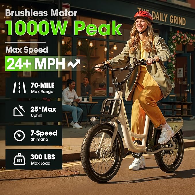 Electric Bike for Adults - 1000W Peak Motor Ebike with 48V15Ah Removable Battery, 20" x 3.0 Fat Tire Step-Thru 7-Speed Commuter Electric Bicycle, Up to 24 MPH, 70 Miles Range, UL 2849 Certified.