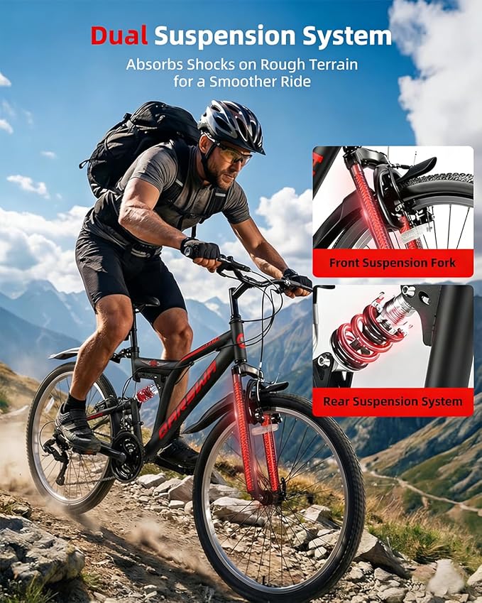 24 Inch Mountain Bike for Men & Women, 21-Speed Full Suspension MTB, High-Carbon Steel Frame, Quick Release Front Wheel, Dual Fenders, Easy Assembly, Trail & Commuter Bicycle