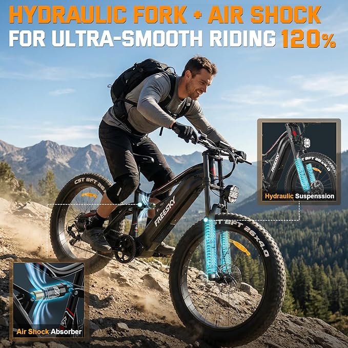 FREESKY 3500W BAFANG Motor Electric Bike for Adults, 48V 30Ah Samsung Cells Battery Ebike 120 Miles, 38+MPH, 26" Fat Tire Dirt All-Terrain Mountain E Bike, Full Suspension, UL 2849 Certified by TÜV