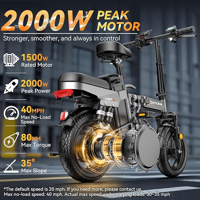 A12 Foldable Ebike for Adults, 2000W/1000W, 40/28MPH, 52V 25Ah, 48V 15Ah, Keyless Ignition, 60-80 Miles Range Folding Electric Bike, 14" Commuter Adult Electric Bicycle, UL2849 Certified E Bike