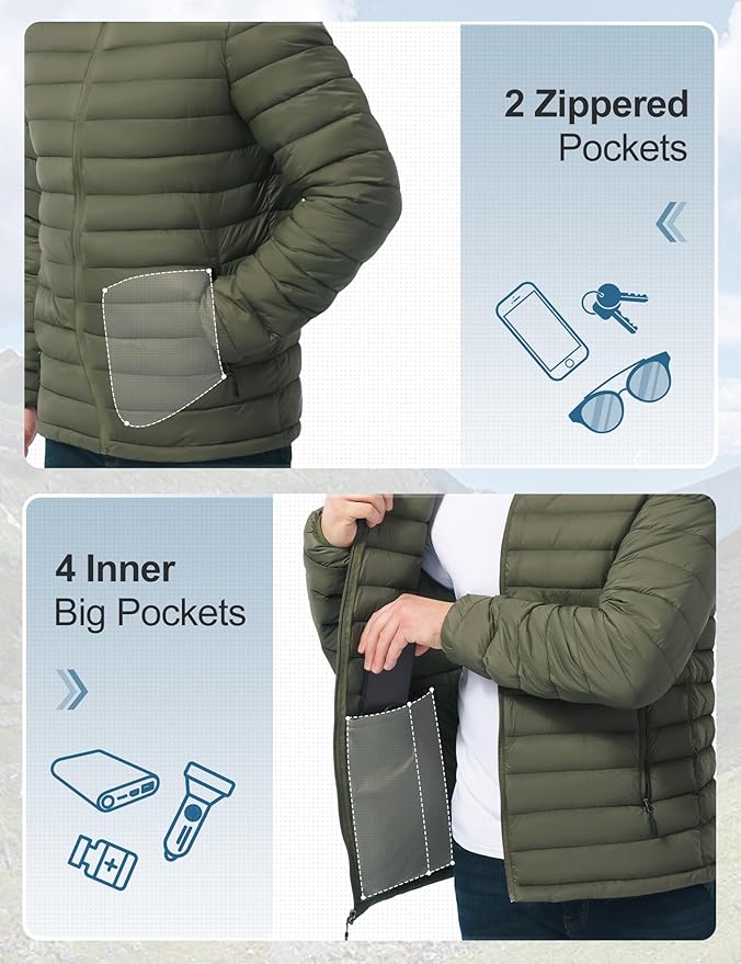 Men's Lightweight Packable Puffer Jacket Insulated Warm Winter Jackets Puffy Coat for Ski Hiking Travel