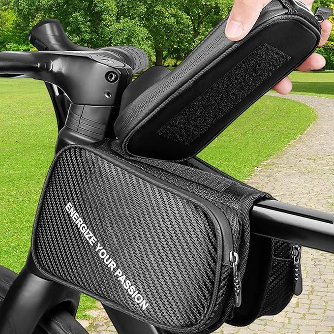 Portable Bag Bike, Waterproof Touchscreen Phone Holder, 8 Inches Road Bike Top Tube Pouch with Zipper, Polyester Cycling Storage with Reflective Strips, Electric Scooter Gear Organizer Easy Access