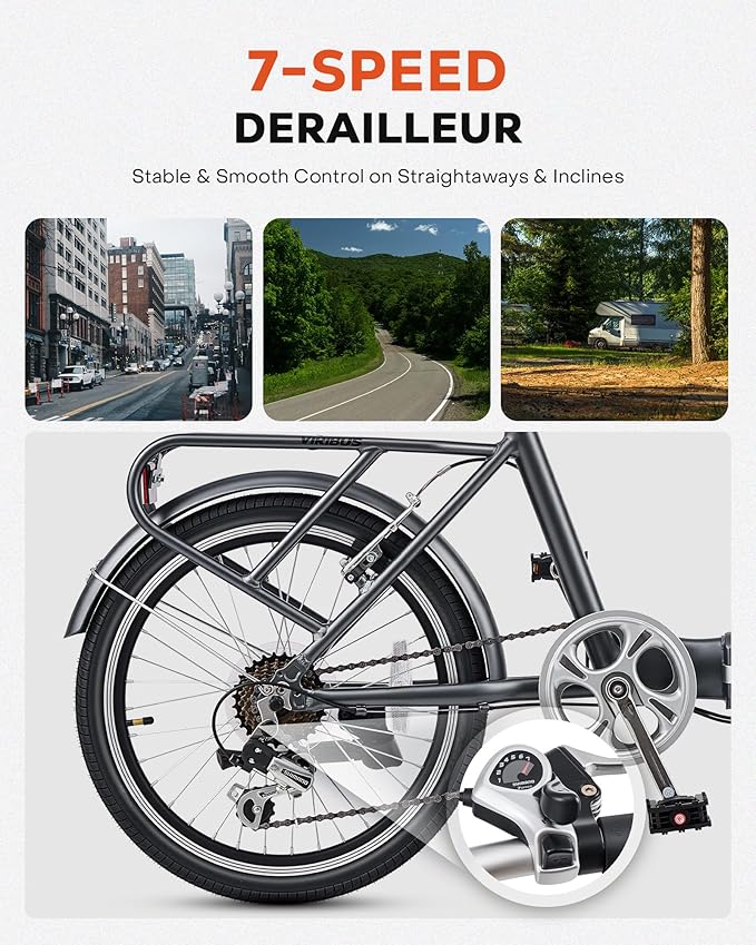 VIRIBUS Folding Bike, 20 inch Lightweight Foldable Bike for Adults 7 Speed with Aluminum Frame, Basket & Rear Rack, Step Through Collapsible Bike for Women Men Seniors City Commuter
