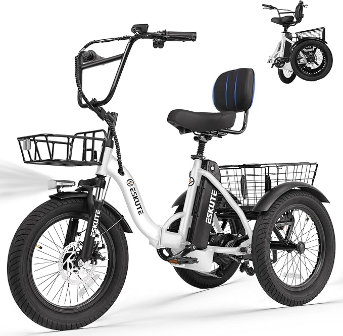 T300 Adults Electric Trike Bike, 1200W Peak Motor & 624Wh Removable Battery,18x3.0 Fat Tire Foldable 3-Wheel E-Bike with Step-Thru Design, Up to 65 Miles, Gift for Parents