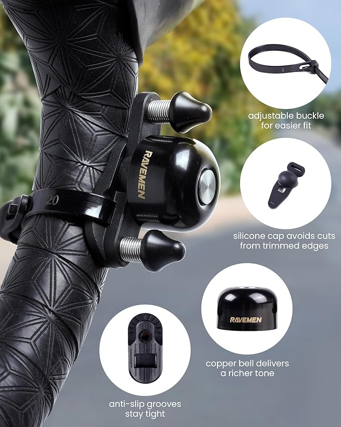 RAVEMEN Q3 Road Bike Bell, Dual-Hammer Copper Alloy Bicycle Bell for Adults Fit Handlebars up to 47mm, Lightweight for Most Grip Positions, Easy Installation