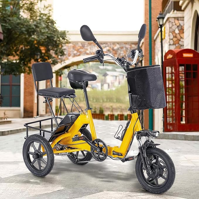 E Trike Electric Bike, 350W(Peak 500W) Brushless Motor Folding Trike, 2 Seats Ebike, 480Wh Removable Battery, Step-Thru 3 Wheel Electric Bicycle, Up to 45 Miles, Tricycle for Adults Parents