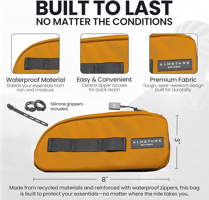 ALMSTHRE Top Tube Bag 8'' x 2'' x 3'' | Waterproof, Secure & Stable – Universal Bike Storage with Versatile Mounting – Fits Essentials | Adventure-Ready Cycling Gear