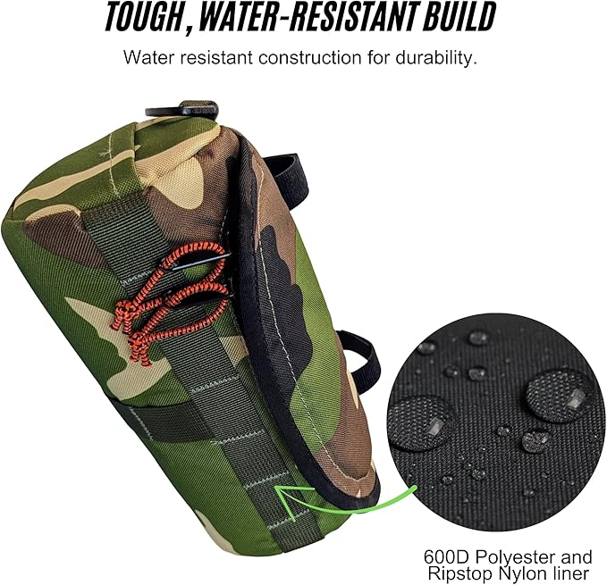 Handlebar Bag (Blazin Camo Burrito) | 2 Liter Capacity | Spacious Bike Bag w/ 2 Extra Long Buckle Straps & 1 Hook-and-Loop Strap | Water Resistant Front Basket | Bike Accessories | Made in USA